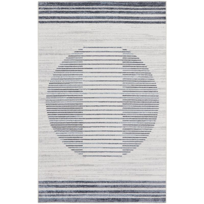 Nourison Astra Machine Washable Stripe Circle Mid-Century Modern Indoor Rug Ivory Blue 2'2" x 4'