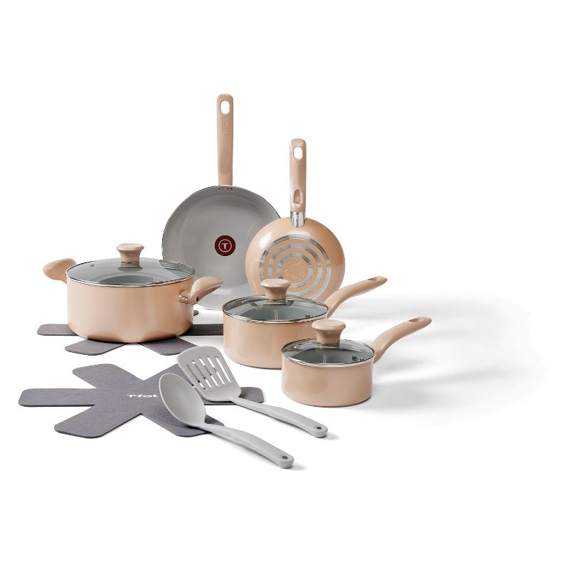 T-Fal 12pc Simply Cook Ceramic Cookware Set Beige: Nonstick Pots & Pans, Tempered Glass Lids, Ergonomic Handles