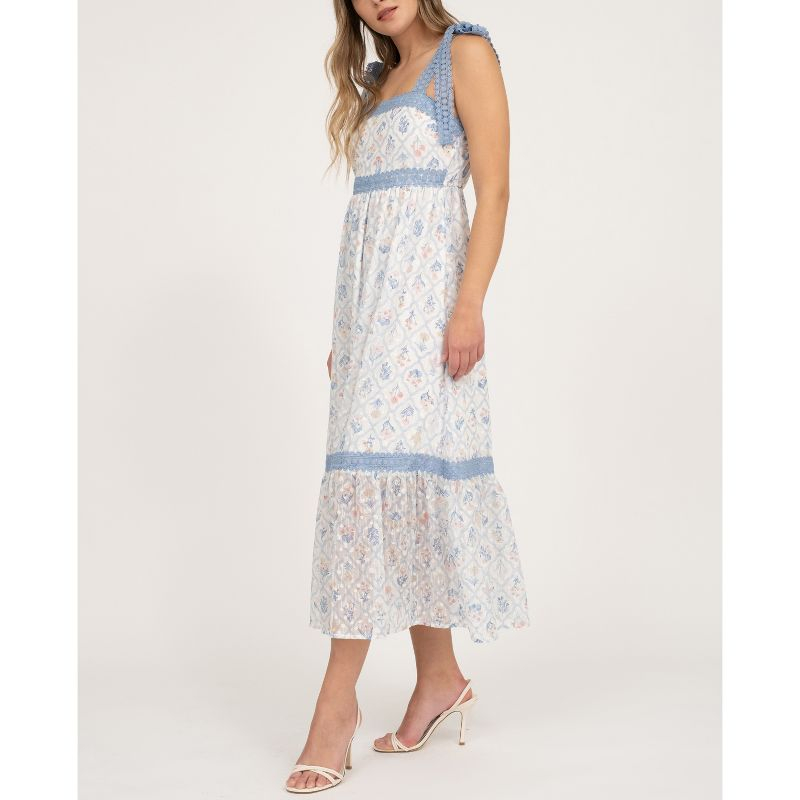 August Sky Women's Sleeveless Lace Trim Floral Midi Dress, Blue Multi, Small