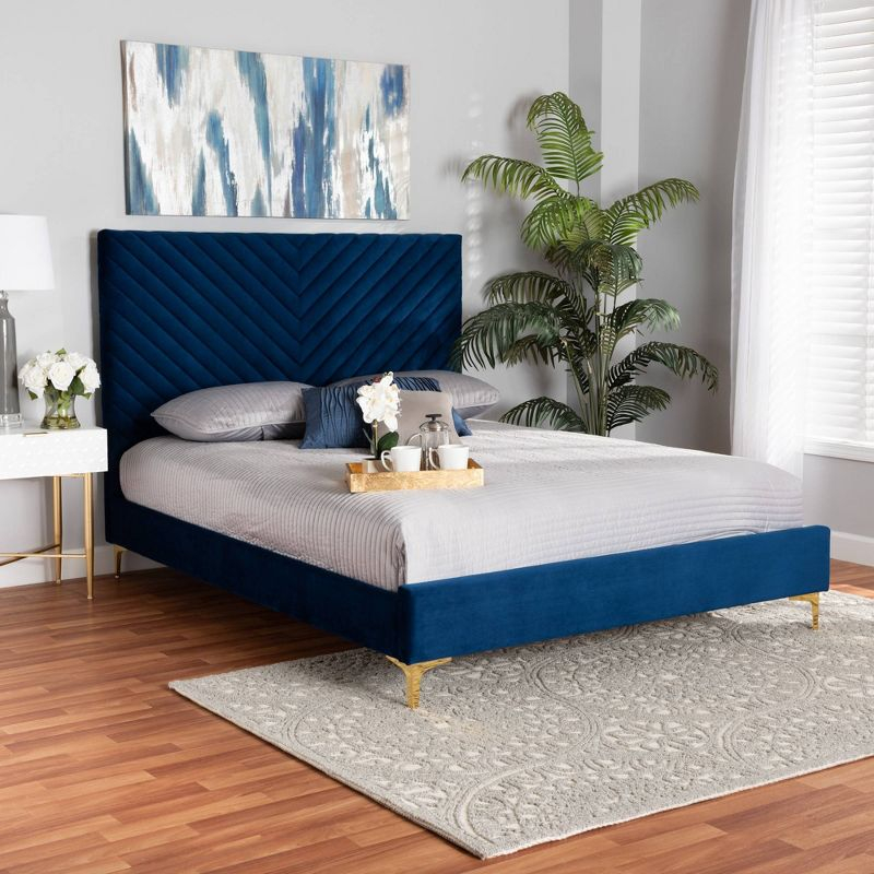 King Fabrico Velvet Fabric Upholstered and Metal Platform Bed Navy Blue/Gold - Baxton Studio