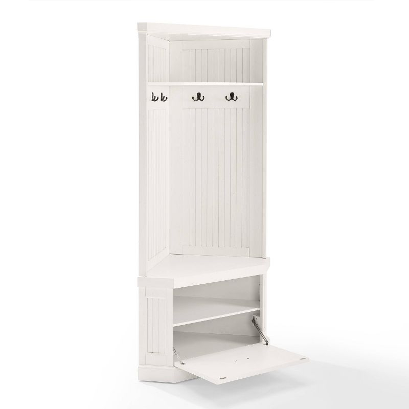 Seaside Corner Hall Tree Distressed White - Crosley: Entryway Organizer with Shoe Storage, 4 Hooks