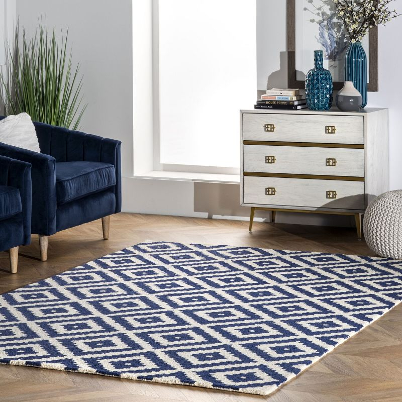 Nuloom Kellee Geometric 3x5 Wool Accent Indoor Area Rug for Living Room Bedroom Dining Room Entryway Kitchen, Navy/White