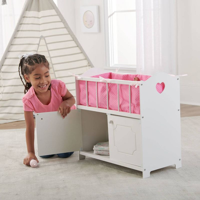 Badger Basket Storage Doll Crib with Bedding and Free Personalization Kit - White