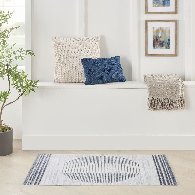 Nourison Astra Machine Washable Stripe Circle Mid-Century Modern Indoor Rug Ivory Blue 2'2" x 4'