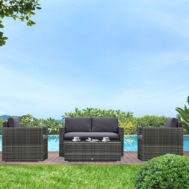 Outsunny 4-Piece Rattan Wicker Furniture Set, Outdoor Cushioned Conversation Furniture with 2 Chairs, Loveseat, and Glass Coffee Table, Gray