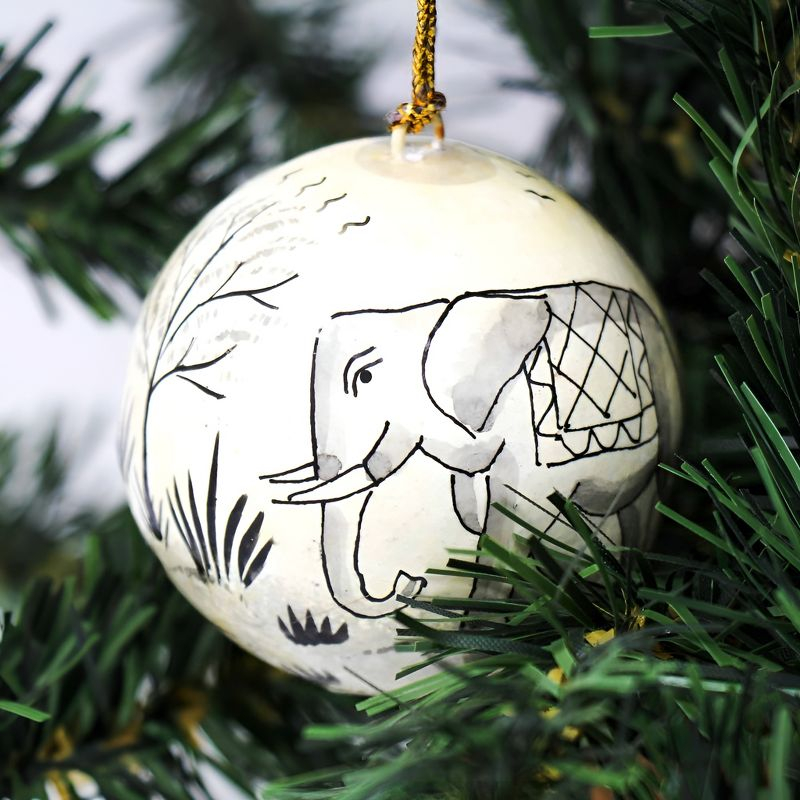 Slickblue Handcrafted Set of 2 Papier-Mâché Ornaments – Bird & Elephant Designs, 3" with Tassel Loops