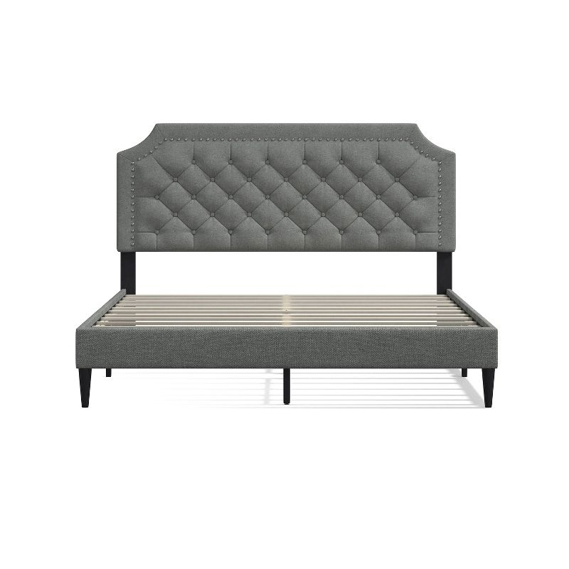 Glenwillow Home Curta Upholstered Platform Bed, Clipped Nailhead Trim with Button Tufting, Mattress Foundation, No Box Spring Needed, Stone, Queen