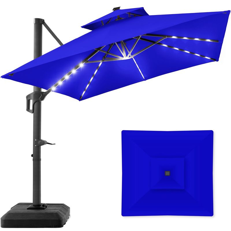 Best Choice Products 10x10ft 2-Tier Square Outdoor Solar LED Cantilever Patio Umbrella w/ Base Included - Resort Blue