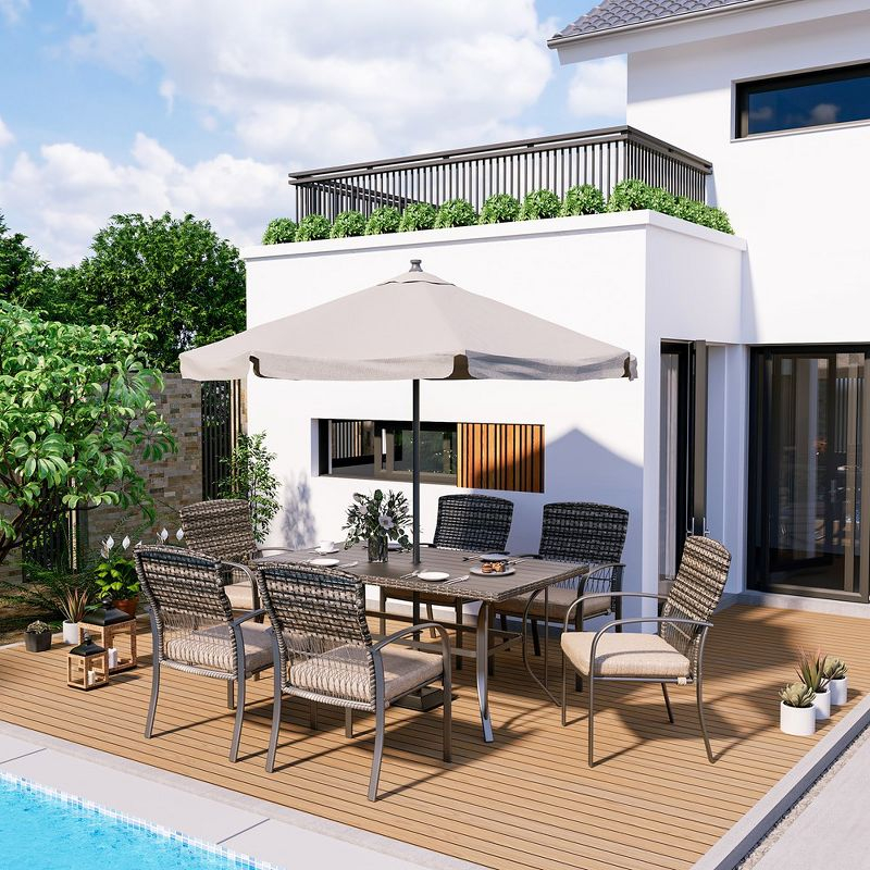 Pamapic 7-Piece PE Wicker Outdoor Dining Set with Brown Cushions