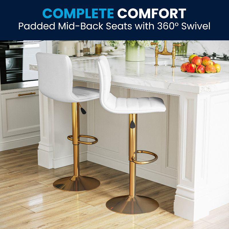 Flash Furniture Modern White Vinyl Adjustable Bar Stool with Back, Counter Height Swivel Stool with Gold Pedestal Base, Set of 2