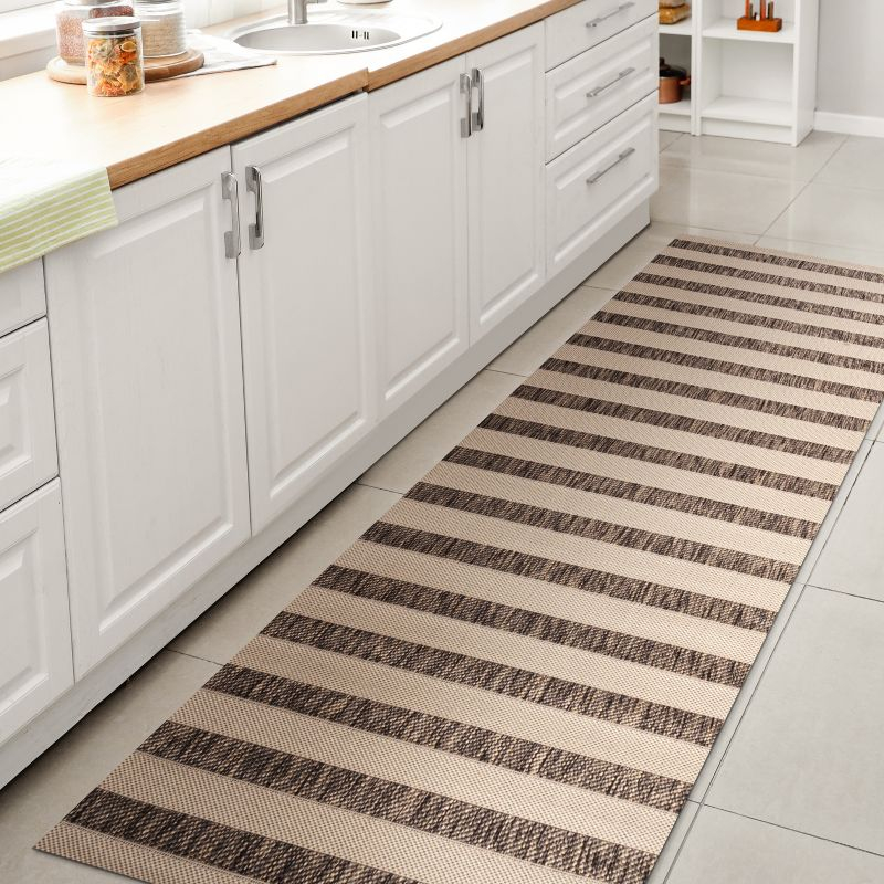 2'x8' Aveiro Wide Stripe Indoor/Outdoor Runner Rug, Beige/Brown - JONATHAN Y