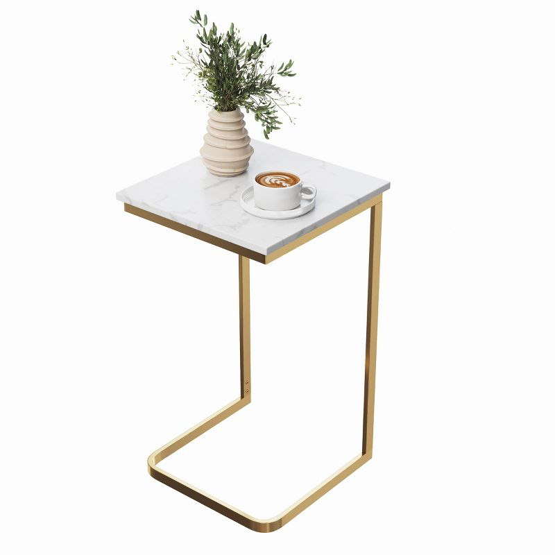 C-Shaped End Table - Real Marble Side Table with Gold Iron Frame for Couch, Loveseat, or Bed - Modern Living Room Furniture by Lavish Home (White)