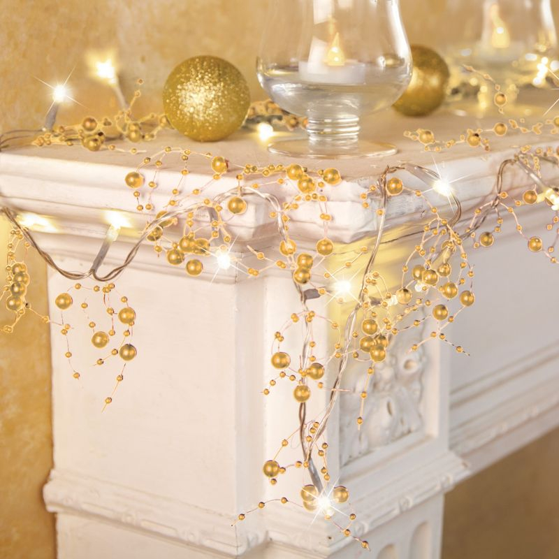 Collections Etc Lighted Berry-Beaded Holiday Garland Gold