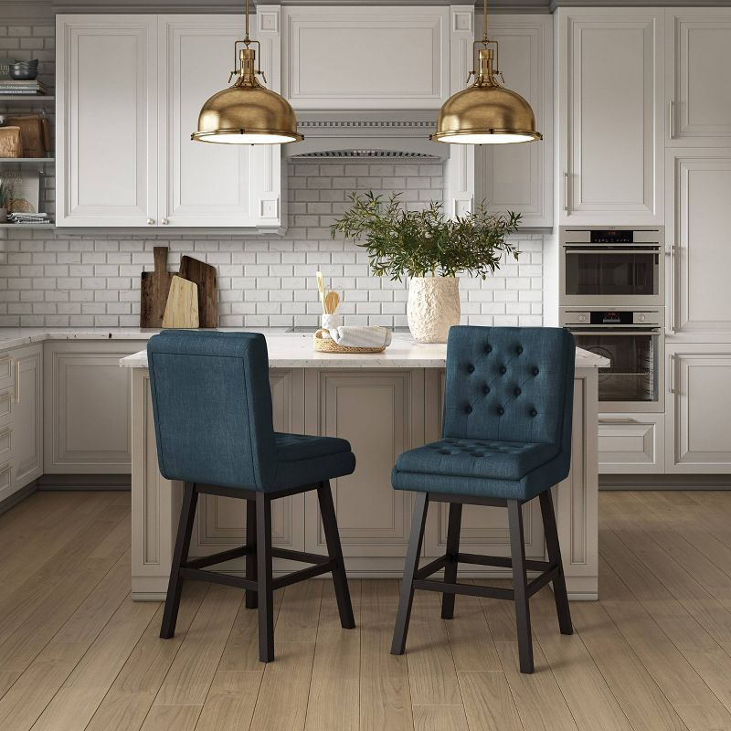 Set of 2 Boston Tufted Fabric Barstools Navy Blue - CorLiving: Counter Height, Rubberwood Legs, Padded Back