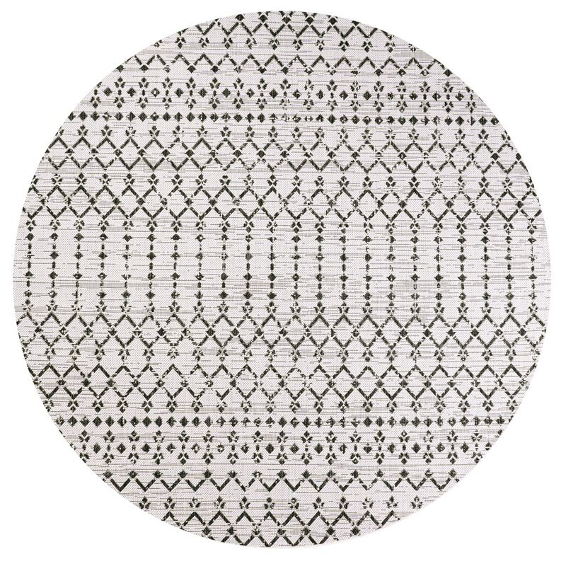 5' Round Ourika Moroccan Geometric Textured Weave Indoor/Outdoor Area Rug, Cream/Black - JONATHAN Y