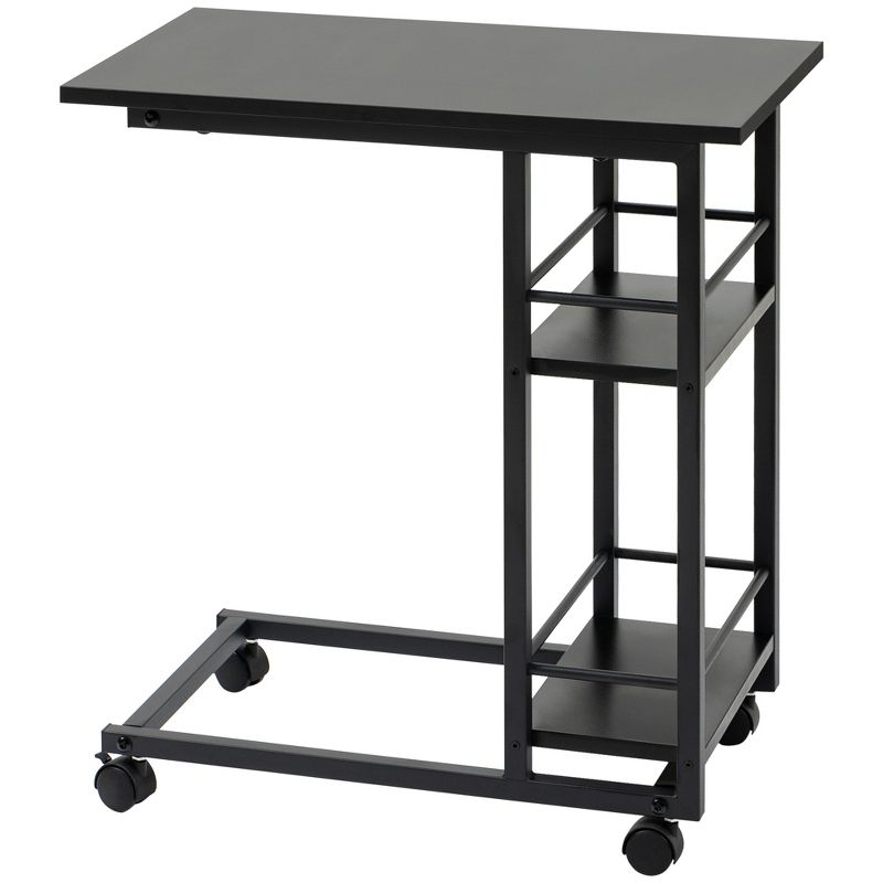 HOMCOM C Shaped End Table with Storage Shelves, Mobile Side Table with Wheels for Sofa Couch, Bed, Metal Frame