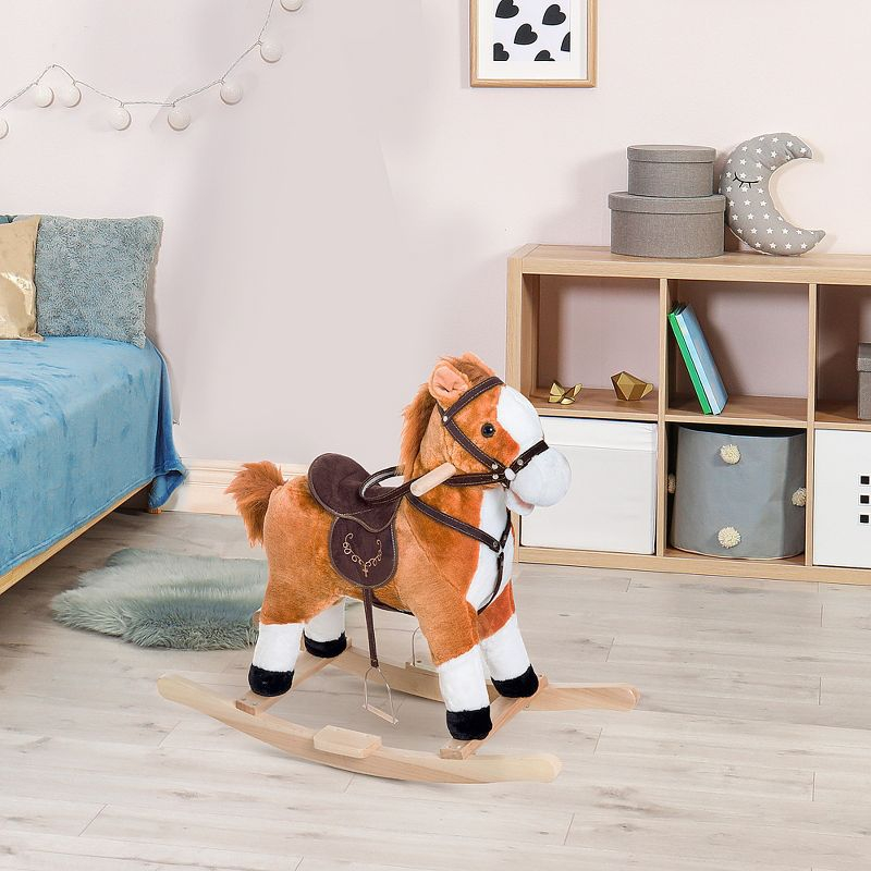 Qaba Kids Plush Toy Rocking Horse Ride on with Realistic Sounds -  Brown