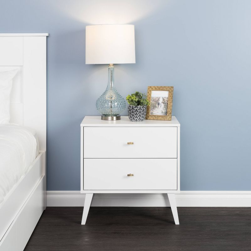 Mid Century Modern 2 Drawer Wide Nightstand White - Prepac: Sleek Bedside Table, Tapered Legs