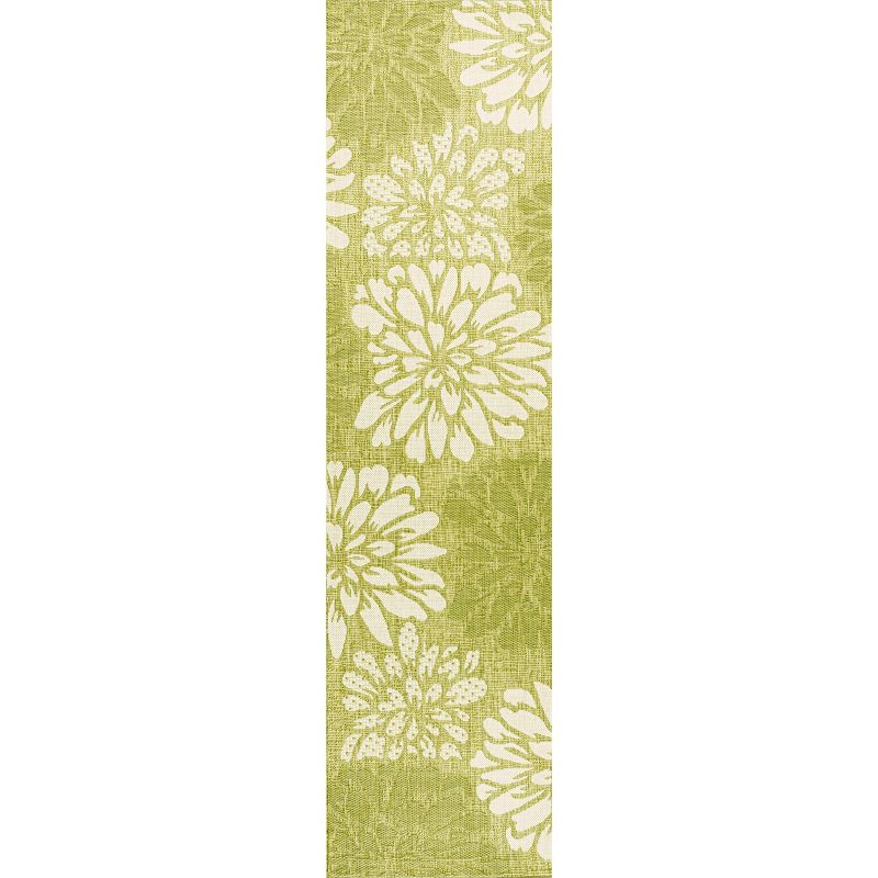 2' x 10' Zinnia Modern Floral Textured Weave Indoor/Outdoor Runner Rug, Green/Cream - JONATHAN Y