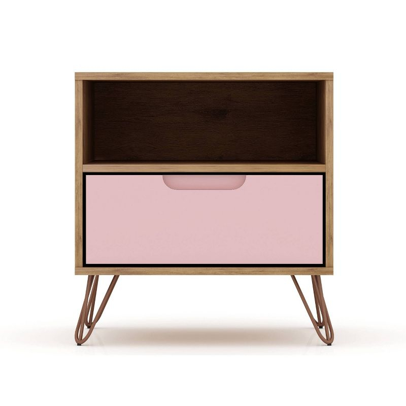 1.0 Rockefeller Nightstand Rose Pink - Manhattan Comfort: Mid-century Design, Metal Legs, Open Shelf
