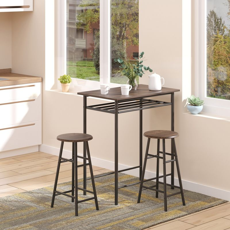 HOMCOM 3 Piece Counter Height Bar Table and Chairs Set, Space Saving Dining Table with 2 Matching Stools, Storage Shelf Metal Frame Footrest, Black
