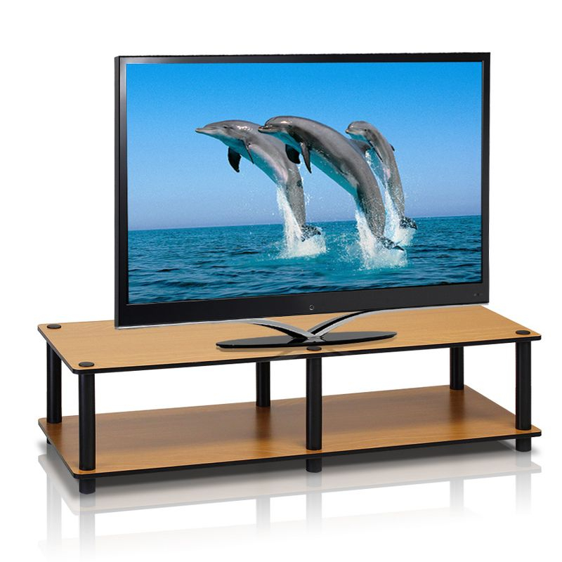 Furinno No Tools Wide TV Stand Media Entertainment Center for TVs up to 43" with Large Capacity Light Cherry Color Black Tube