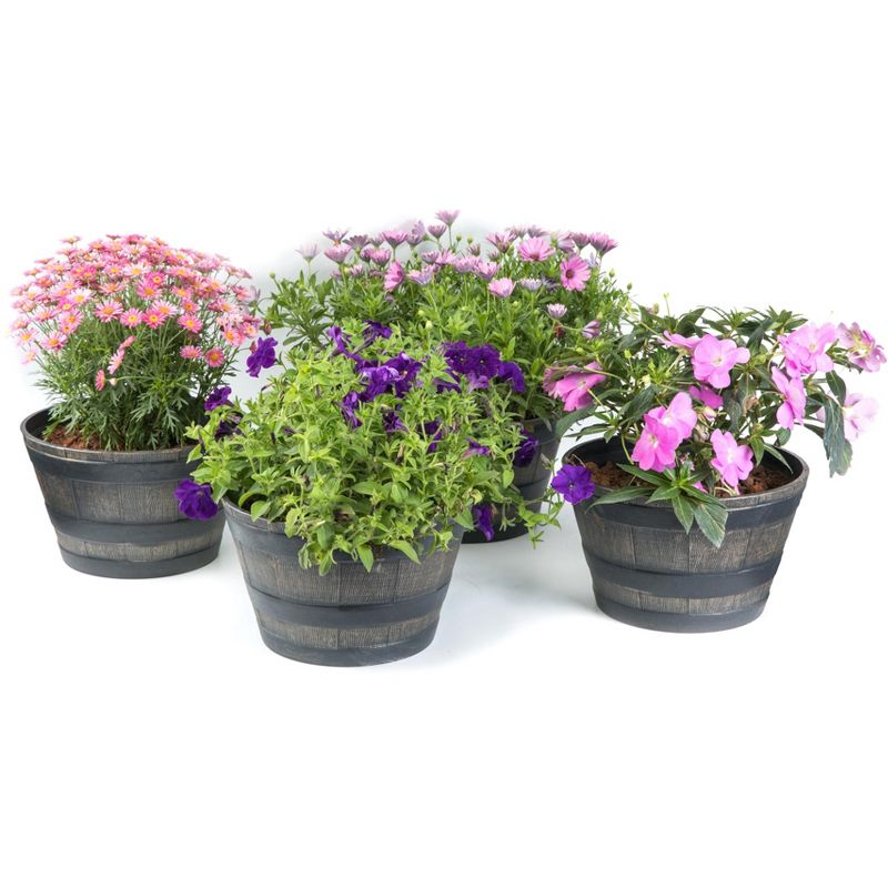 ardenised 4-Piece Round Half Barrel Flower Pots Rustic Farmhouse Style Faux Wood Planter Containers for Indoor & Outdoor Use