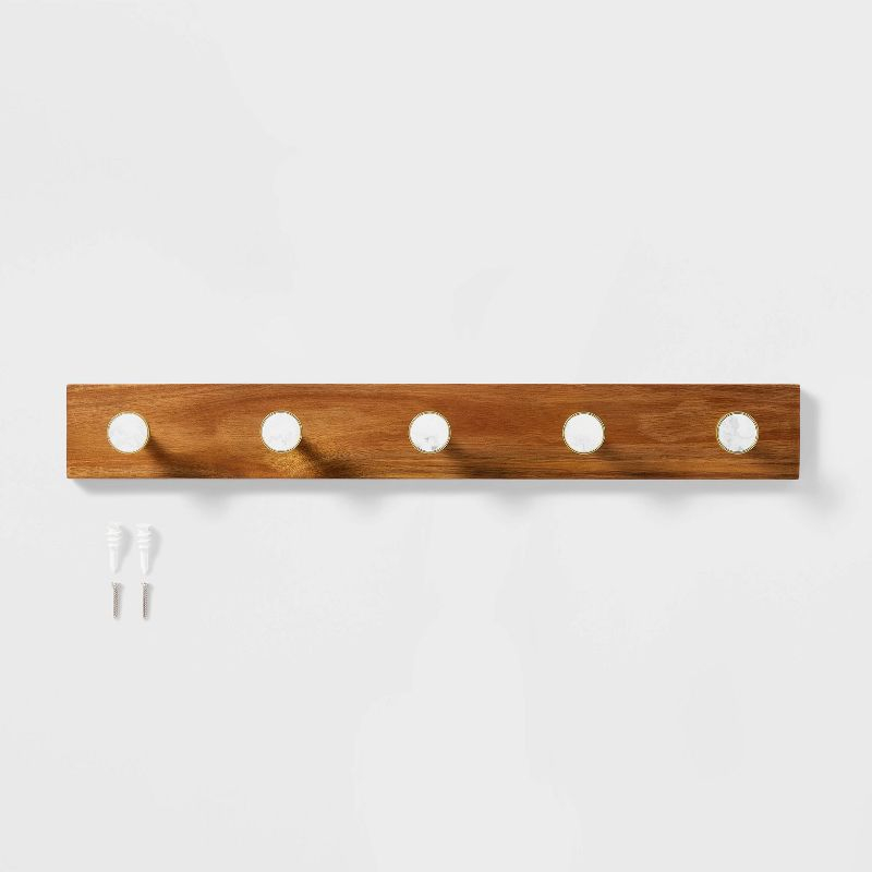 Metal and Faux Marble 5 Gold Hooks Rail on Acacia Wood - Threshold™: Wall Mounted Decorative Hook Racks, Coat Hooks