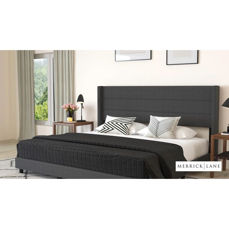 Merrick Lane Modern King Platform Bed with Padded Channel Stitched Charcoal Faux Linen Upholstered Wingback Headboard and 6" Underbed Clearance
