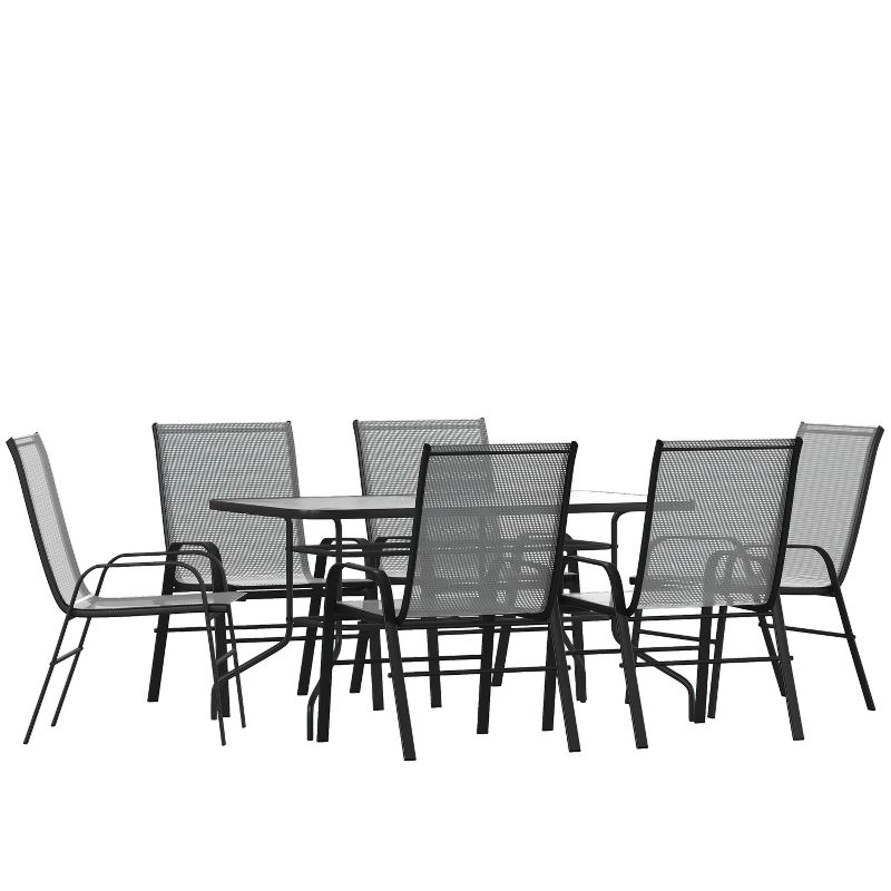 Flash Furniture 7 Piece Outdoor Patio Dining Set - 55" Tempered Glass Patio Table with Umbrella Hole, 6 Gray Flex Comfort Stack Chairs