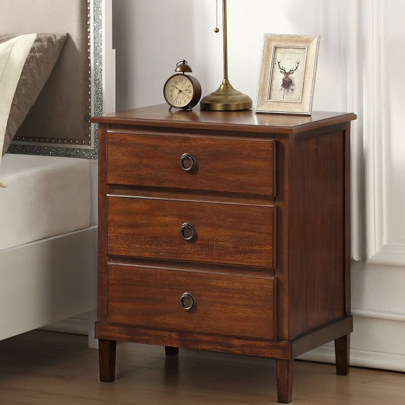Comfort Pointe Cambridge Nightstand Brown: Elegant 3-Drawer Storage, Metal Hardware, No Assembly Required