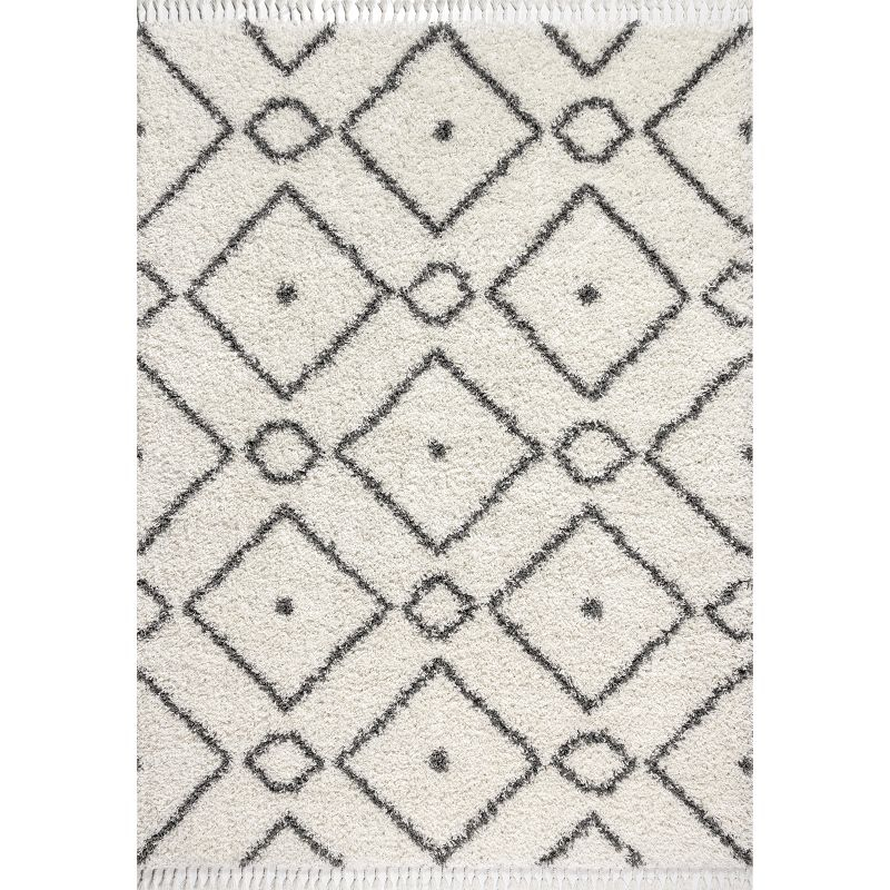 3'x5' Mercer Shag Plush Tassel Moroccan Diamond Area Rug, Cream/Grey - JONATHAN Y