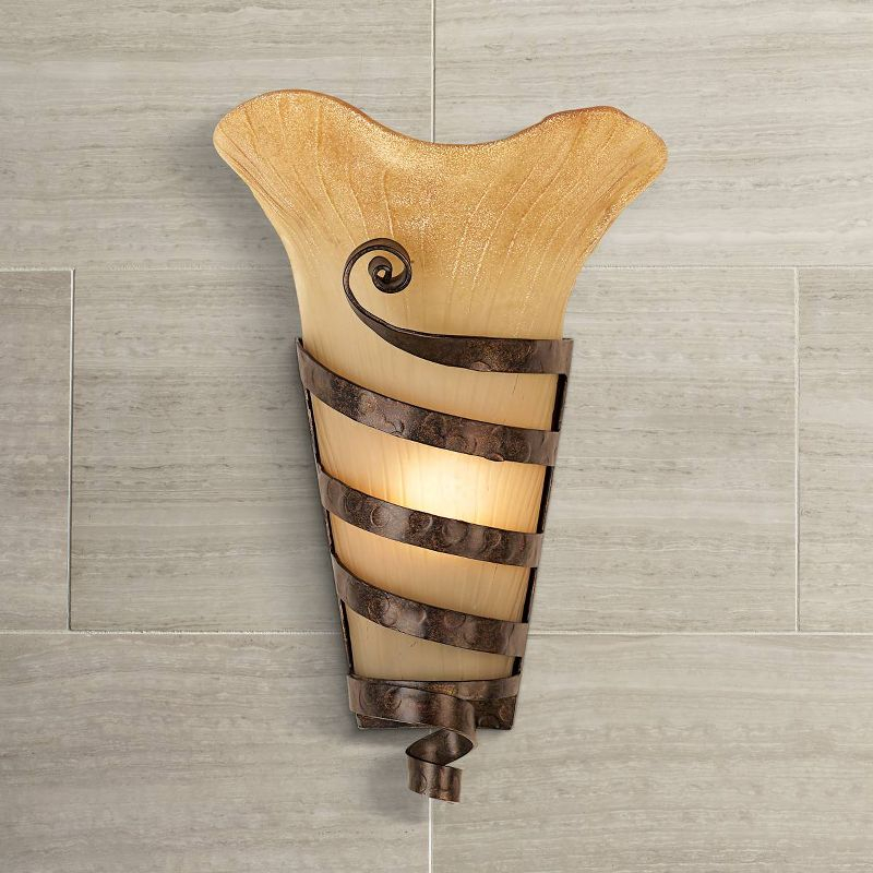 Franklin Iron Works Solara Rustic Wall Light Sconce Rust Iron Scroll Hardwire 10" Fixture Scavo Glass for Bedroom Bathroom Vanity Reading Living Room