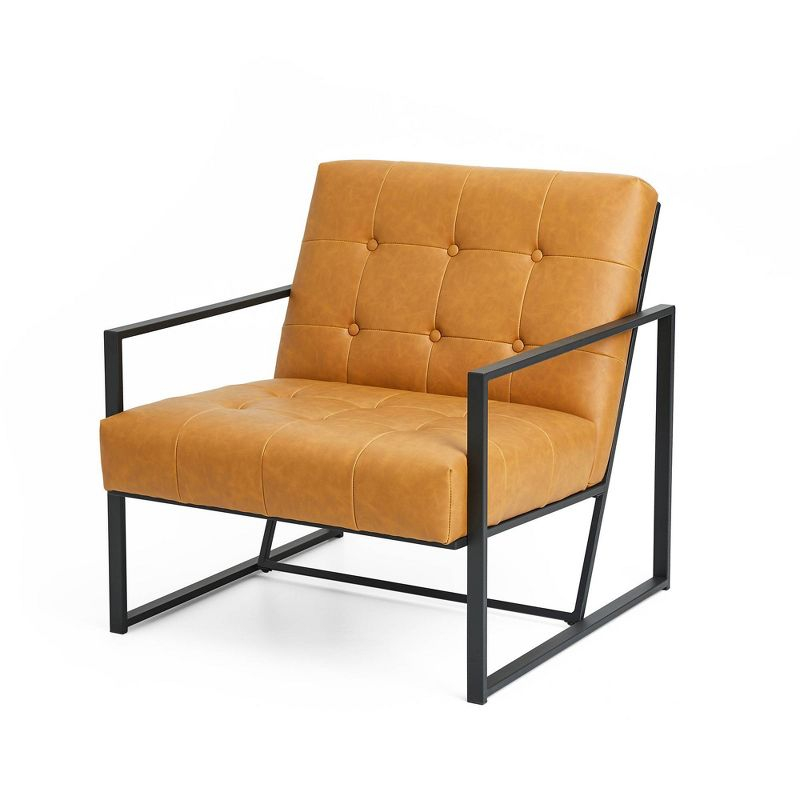 Mid-Century Modern Leatherette Button Tufted Arm Accent Chair Camel - Glitzhome: Chrome-Plated Metal Frame, Polyurethane Upholstery