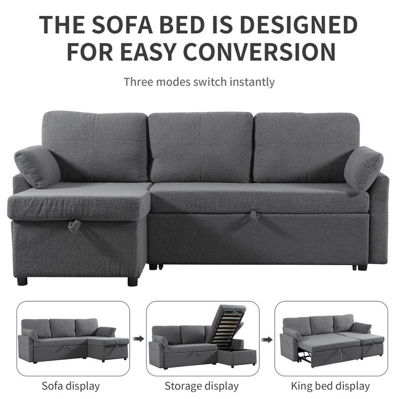 84.2" Sleeper Sofa Bed,Pull Out Sofa Bed with Storage Chaise L Shape Sectional Sofa Bed in Gray