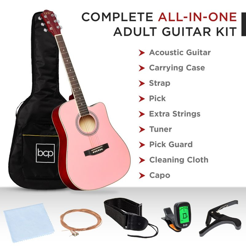 Best Choice Products 41in Full Size Beginner Acoustic Guitar Set with Case, Strap, Capo, Strings - Pink