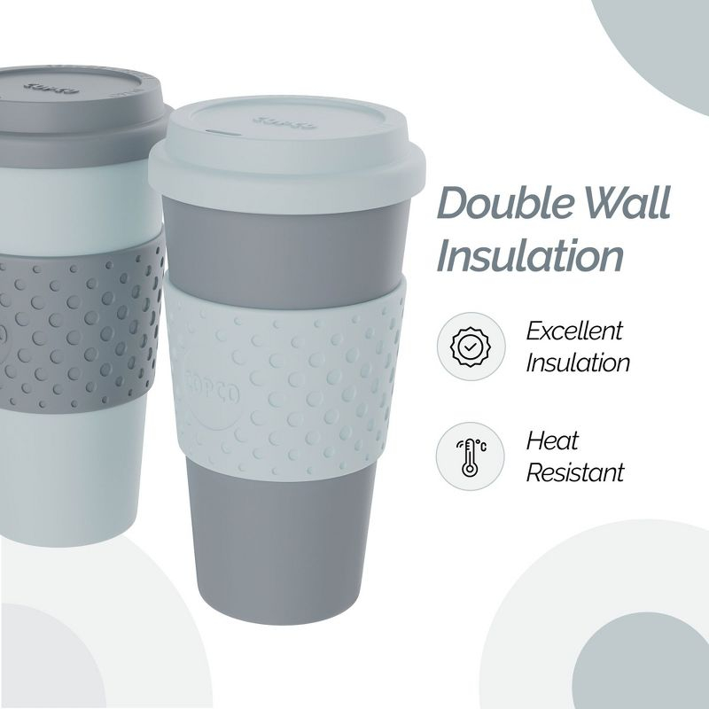 Copco Acadia To Go Mug Set of 2, 16 Ounce Reusable Coffee Cups with Lids, Durable & BPA-Free, Travel Mugs Double-Wall Insulation, Aqua & Gray