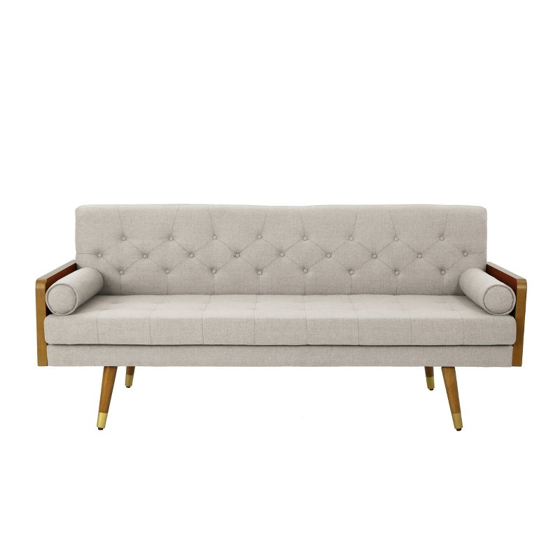 GDFStudio Aidan Mid Century Modern 72.25" Tufted Upholstered 3 Seater Sofa，Beige/Dark Walnut/Gold