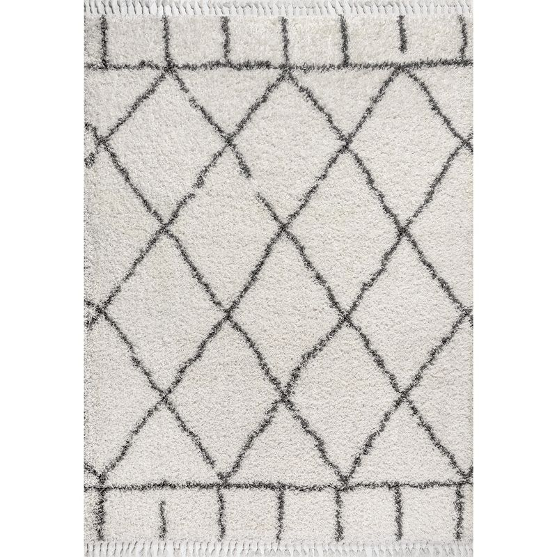8'x10' Mercer Shag Plush Tassel Moroccan Geometric Trellis Area Rug, Cream/Grey - JONATHAN Y