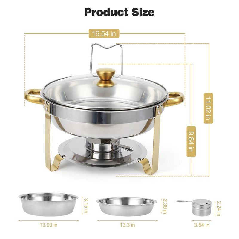 WhizMax Chafing Dish Buffet Set 2 Pack 5QT, Stainless Steel Round Chafing Dishes for Buffet with Lid Holder & Glass Lid, Gold