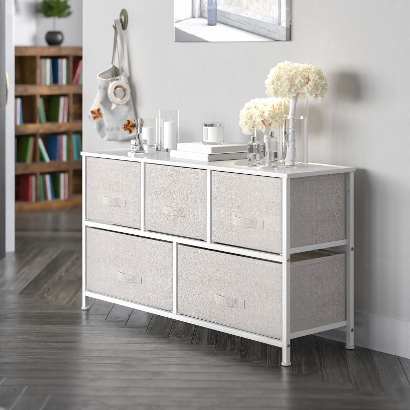 Flash Furniture 5 Drawer Wood Top White Cast Iron Frame Vertical Storage Dresser with Light Gray Easy Pull Fabric Drawers