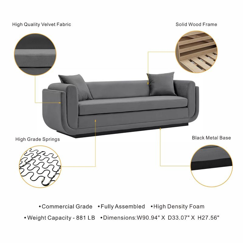 Edmonda Contemporary Velvet Upholstered Sofa with Pillows Dark Gray - Manhattan Comfort