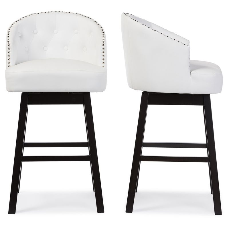Set of 2 Avril Faux Leather Tufted Swivel Barstool with Nailhead Trim - White - Baxton Studio: Espresso Brown Legs, Rubberwood Frame