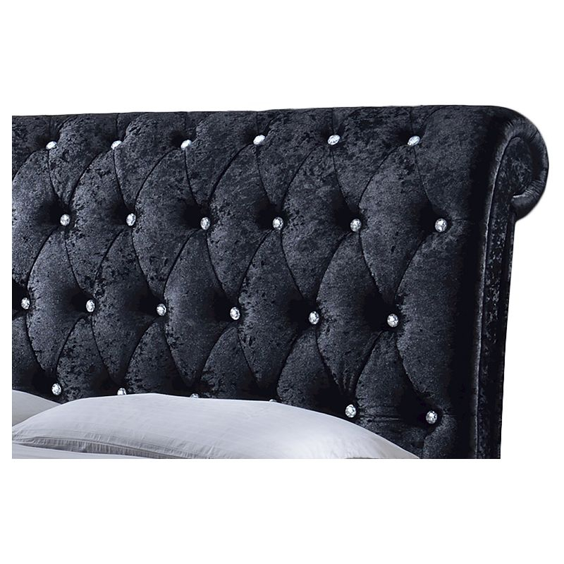 King Castello Velvet Upholstered Faux Crystal Buttoned Sleigh Platform Bed Black - Baxton Studio: Elegant Rubberwood Frame, No Box Spring Needed