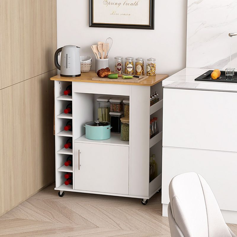 Tangkula Kitchen Cart on Wheels Mobile Kitchen Storage Island w/ 6-Bottle Wine Rack