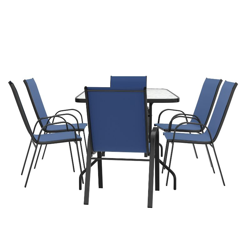 Flash Furniture Brazos 7 Piece Outdoor Patio Dining Set - 55" Tempered Glass Patio Table with Umbrella Hole, 6 Navy Flex Comfort Stack Chairs