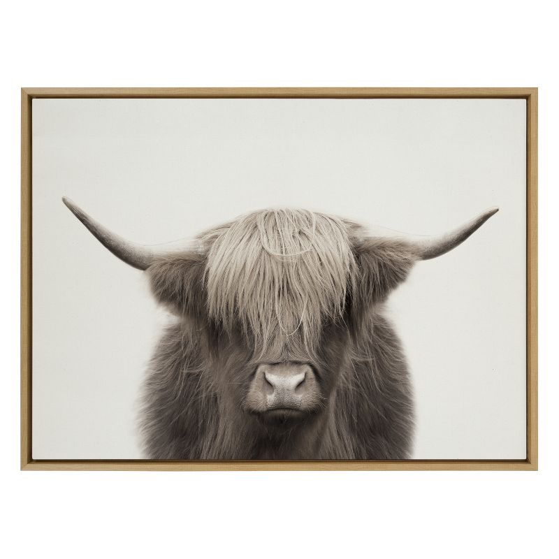 Kate and Laurel Sylvie Hey Dude Highland Cow Color Framed Canvas by The Creative Bunch Studio, 31.5 x 41.5, Natural