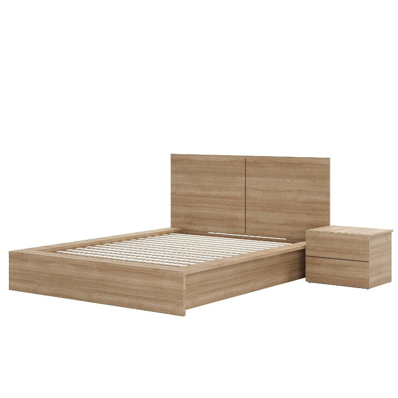 Nexera Queen 3pc James Bedroom Set Brown Oak: Modern Style, Platform Bed, 1 Nightstand Included