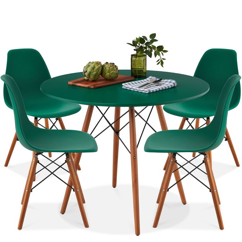 Best Choice Products 5-Piece Compact Mid-Century Modern Dining Set w/ 4 Chairs, Wooden Legs - Dark Green/Walnut