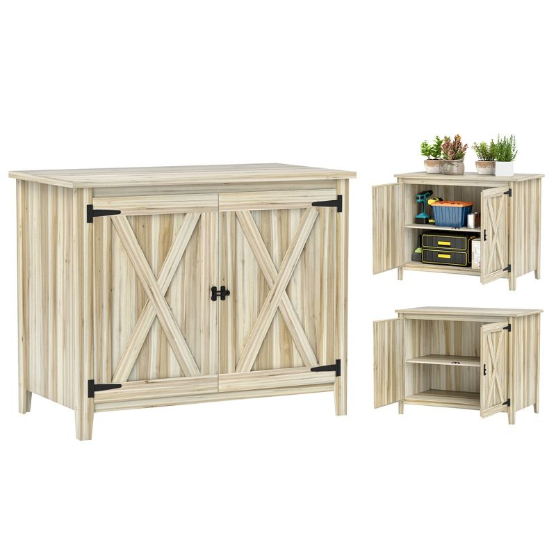 Outsunny Wood Outdoor Storage Cabinet, Compact Garden Shed Potting Shed with Shelf and Double Doors, Natural Wood